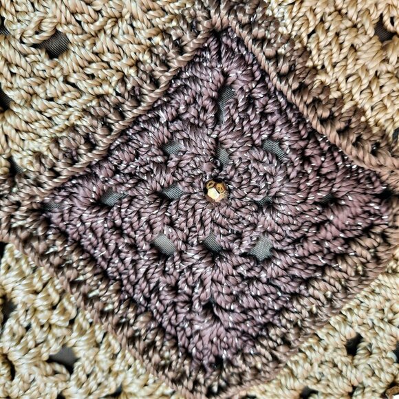 Y2K Crochet Patchwork Handbag Brown Beige Shoulder Bag Beaded Boho - Picture 4 of 8